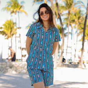 RSVLTS Dream Between the Lines Women's KUNUFLEX Short Sleeve Shirt in Blue — front view