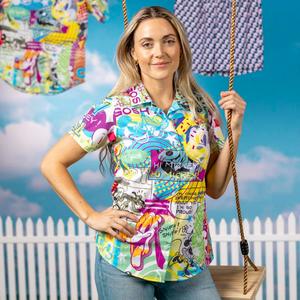 RSVLTS Pop Art Party Women's KUNUFLEX Short Sleeve Shirt in Multicolor — front view