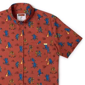 RSVLTS Showdown at the Kaiju Corral KUNUFLEX Short Sleeve Shirt in Brown — front view